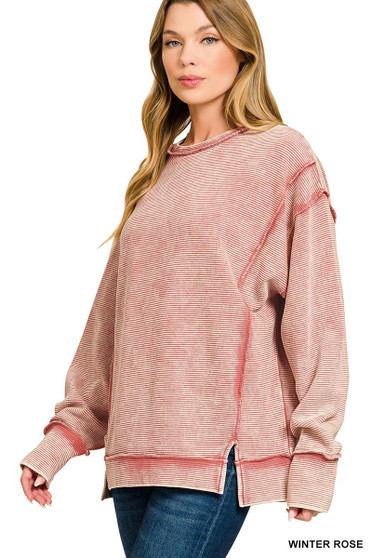 Zenana Acid Washed Double Ribbed Exposed-Seam Sweatshirt