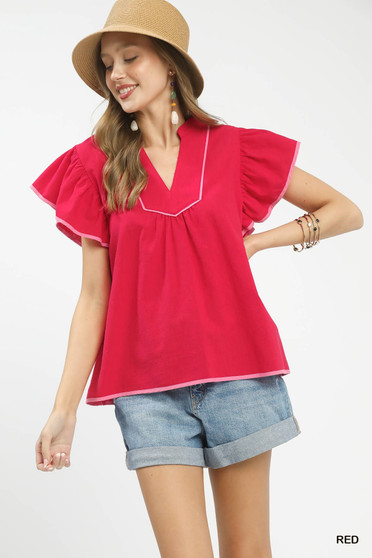 Umgee Contrast Trim Babydoll Blouse