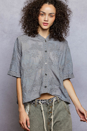 POL Button Front Floral Stitching Breathable Hooded Shirt