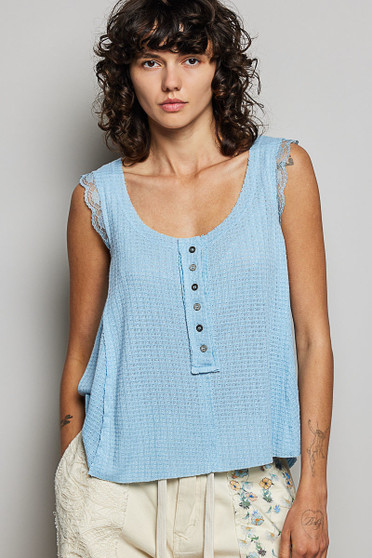 POL Textured Knit Round Neck Tank with Lace Detail