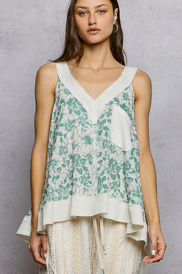 POL Floral V-Neck Tank with Front Pocket