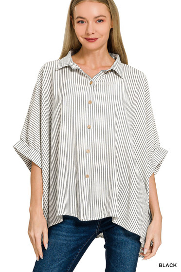Zenana Full Size Woven Stripe Button Down Boxy Shirt Plus Size
