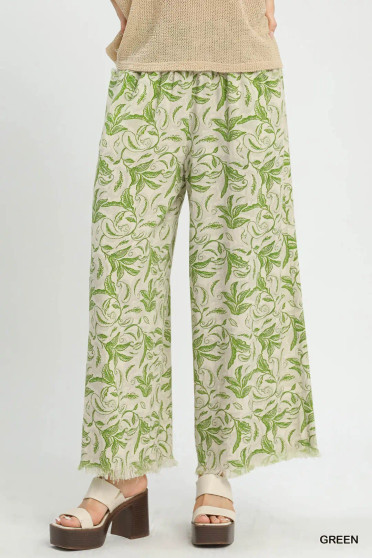 Umgee Linen Printed Wide Leg Raw Hem Pants