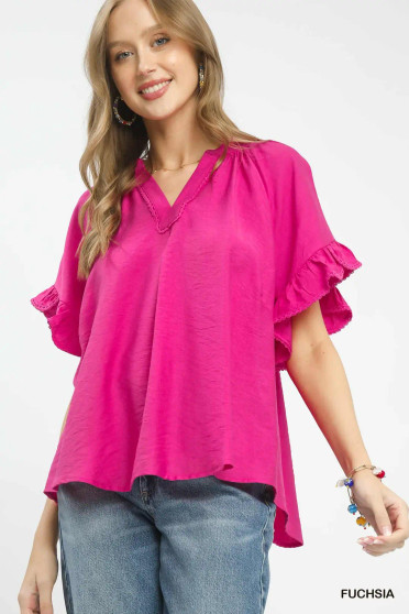 Umgee Ruffle Sleeve V-Neck Flutter Blouse