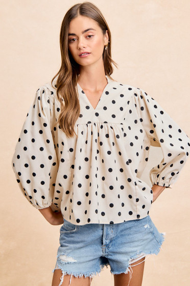 BiBi Polka Dot Corduroy Quarter Sleeves V Neck Blouse