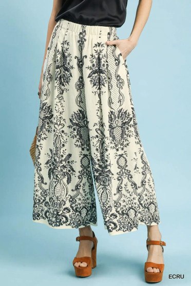 Umgee Border Print Wide Leg Pants