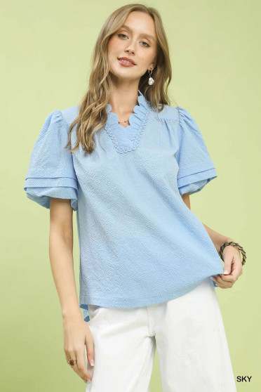 Umgee Textured Scallop Trim Puff Sleeve Blouse
