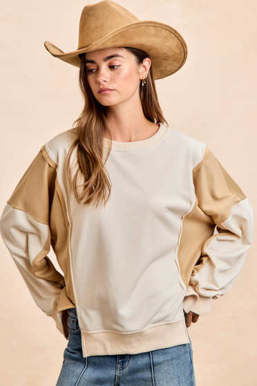 BiBi French Terry Color Block Top With Open Seam Detail