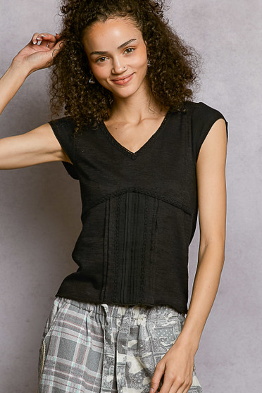POL V-Neck Lightweight Textured Short Sleeve Knit Top with Lace Trim
