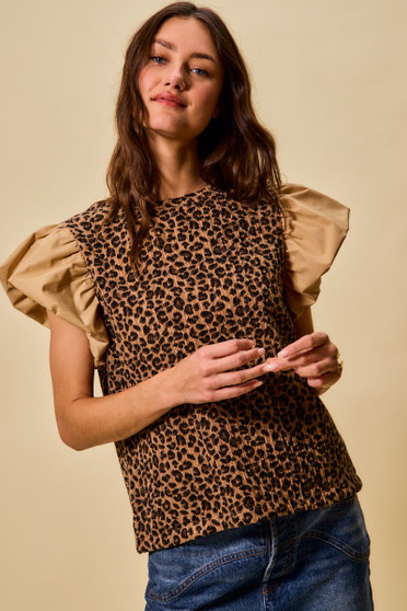 SO ME Leopard Pointelle Knit Top with Puff Sleeves