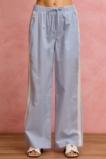 SO ME Wide Check  Pants With Side Lace Trim And Piping