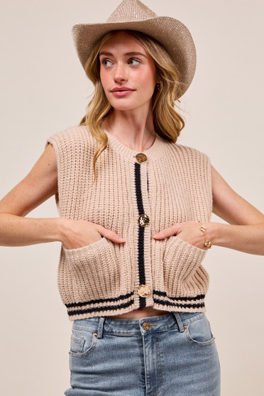 SO ME Big Metal Button Front Stripe Edge Knitted Sweater Vest