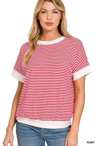 Zenana Stripe Contrast Trim Banded Bottom Top