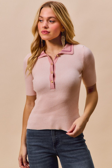 SO ME Contrast Collar Stretchy Rib Knit Short Sleeve Top