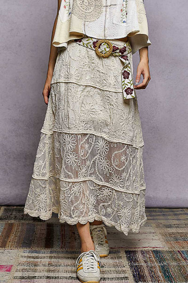 POL Floral Embroidered Tiered Crochet Skirt