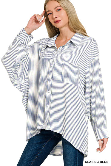 Zenana Woven Stripe Button Down Shirt