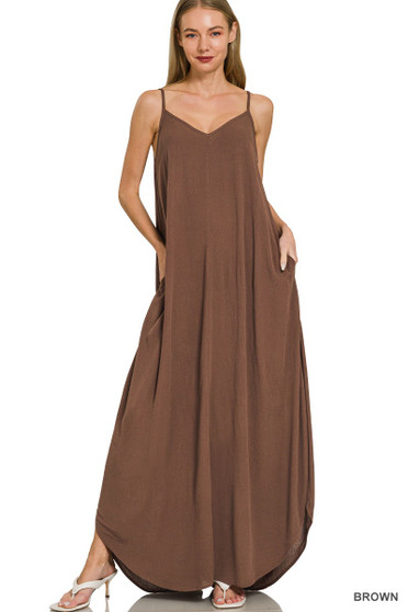Zenana Woven Crinkle Cami Maxi Dress with Side Pockets