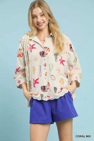Umgee Seashell & Starfish Print Button-Down Top