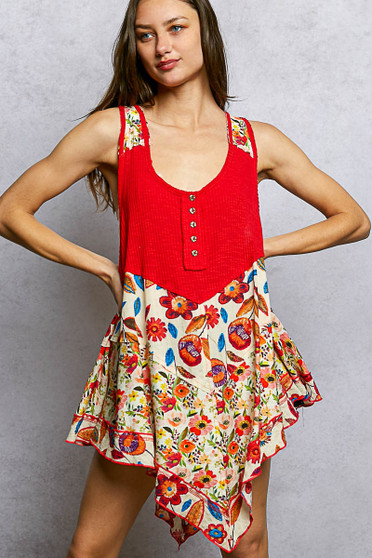 POL Round Neck Ribbed Tank with Woven Print Patch