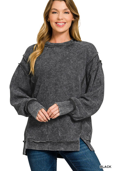 Zenana Acid Washed Double Ribbed Exposed-Seam Sweatshirt