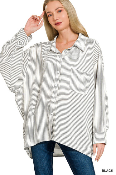 Zenana Woven Stripe Button Down Shirt