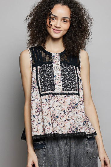 POL Printed Woven Lace Back Round Neck Sleeveless Top