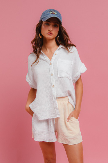 BiBi Wrinkled Gauze Solid Shirts Top and Shorts Set