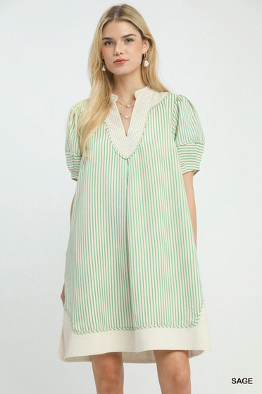 Umgee Pinstripe Shift Dress with Contrast Trim