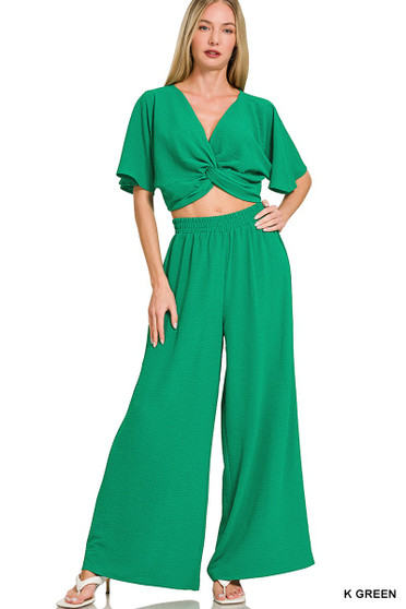 Zenana Woven Airflow Twisted Top & Wide Leg Pants Set