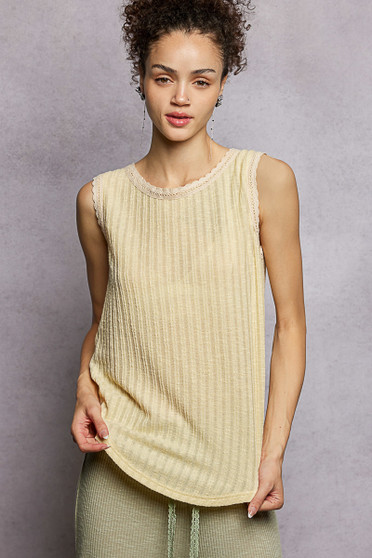 POL Ribbed Round Neck Tank with Lace Trim