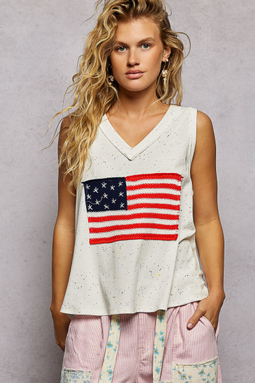 POL V-Neck Ribbed Tank with American Flag Patch and Star Back Patch