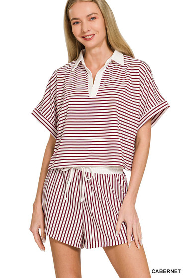 Zenana Striped Collared Top & Shorts Set