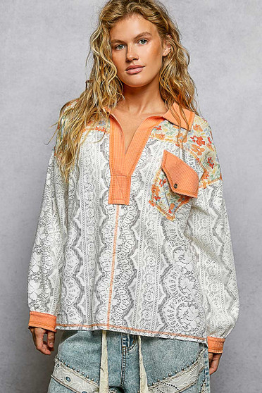 POL Floral Print Long Sleeve Lace Shirt with Front Pocket