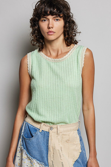 POL Ribbed Round Neck Tank with Lace Trim