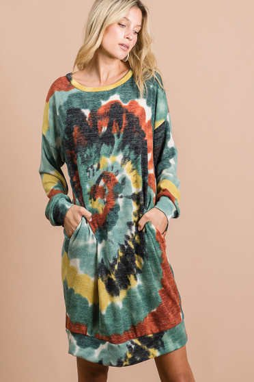 BiBi Tie Dye Print Knit Dress with Side Pocket