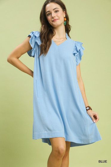 Umgee Linen Flutter Sleeve Shift Dress with Pockets