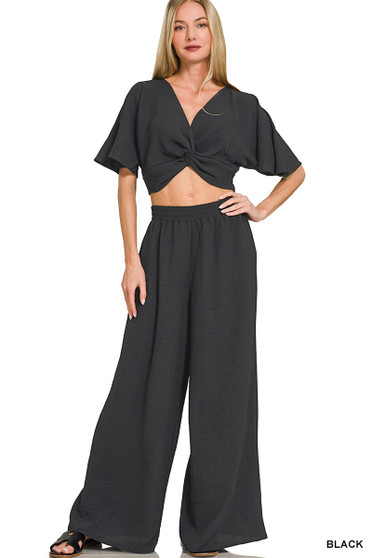 Zenana Woven Airflow Twisted Top & Wide Leg Pants Set