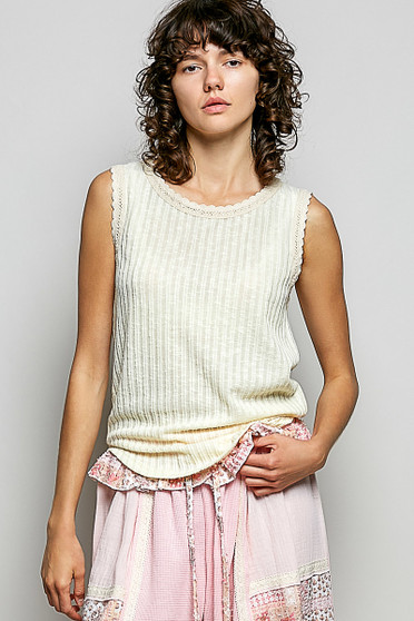 POL Ribbed Round Neck Tank with Lace Trim