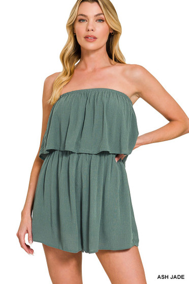 Zenana Woven Crinkle Strapless Rompers