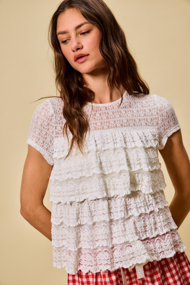 SO ME Ruffle Tiered Stretch Lace Short Sleeves Knit Top