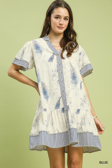 Umgee Linen Printed Button-Front Tiered Mini Dress