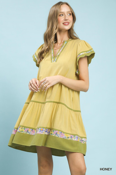 Umgee Linen Tiered Flutter Sleeve Dress with Floral Trim