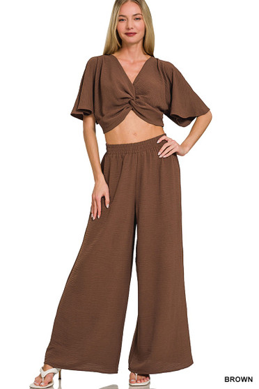 Zenana Woven Airflow Twisted Top & Wide Leg Pants Set