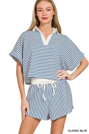 Zenana Striped Collared Top & Shorts Set