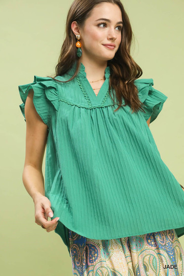 Umgee Ruffle Sleeve Textured Babydoll Blouse