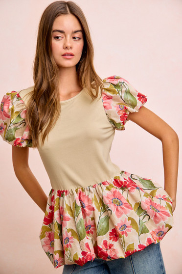 BiBi Floral Printed Bubble Sleeves and Hem Peplum Top