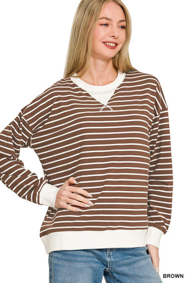 Zenana Contrast Striped Round Neck Sweatshirt