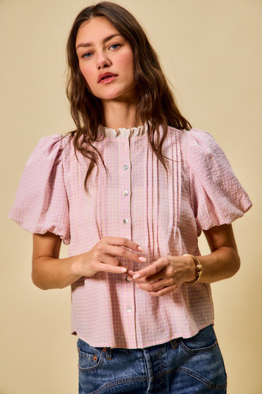 SO ME Gingham Lace Trim Button Bubble Sleeves Blouse