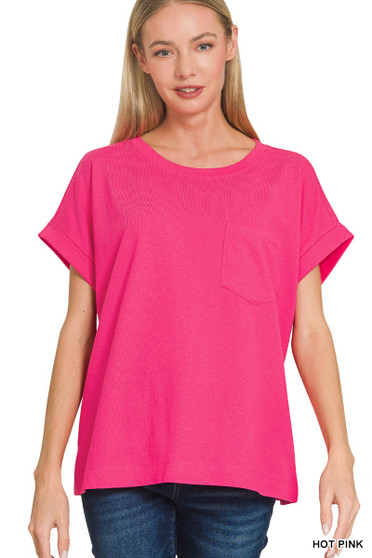 Zenana Cuffed Front Pocket Short Sleeve Tee