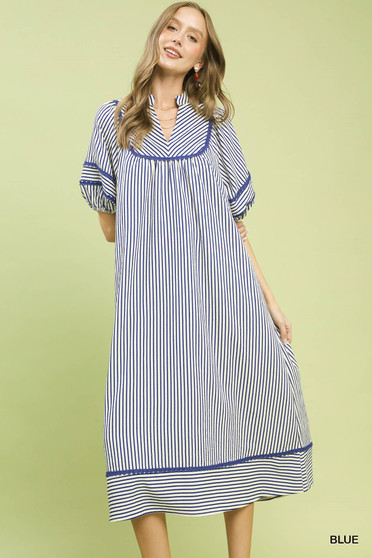 Umgee Striped Puff Sleeve Midi Dress